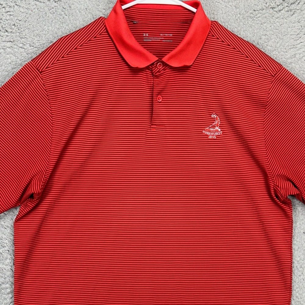 Under Armour Mens Finehurst Golf Polo Shirt XL Heat Gear Red Black Stripe Rugby